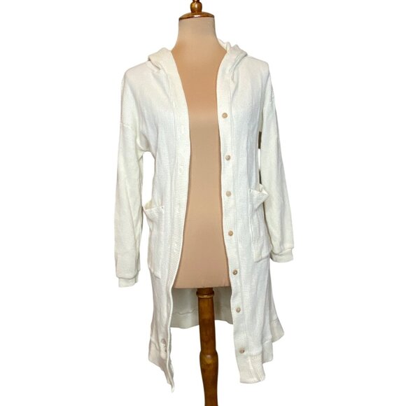 The Good Alma Womens Organic Cotton Waffle Knit Hooded Cardigan Button-Front Lon - Picture 1 of 7